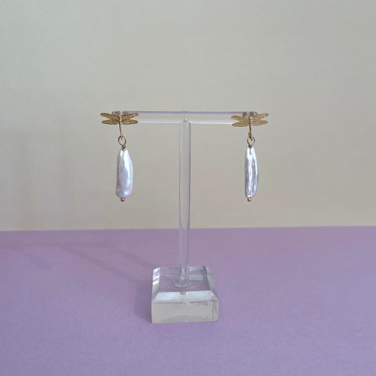 Drop Pearl Dragonfly Earrings